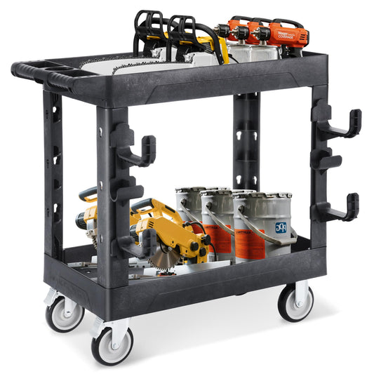 BSMTEK 850lbs Heavy Duty Plastic Utility Cart 34 x 17 Inch-Heavy Work Rolling Cart with Upgraded Side Tube Holder Hooks, 2 Tier Service Cart with Full Swivel Wheel for Warehouse,Garage, Cleaning,Black
