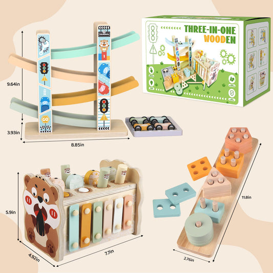 Wooden Montessori Toys for 1 Year Old, Pounding Hammering Toy with Xylophone & Fishing Game, Car Ramp Toy, Stacking Blocks & Shape Sorter 3 in 1 Wooden Toddler Toys 1 2 3 for Christmas Easter Gifts