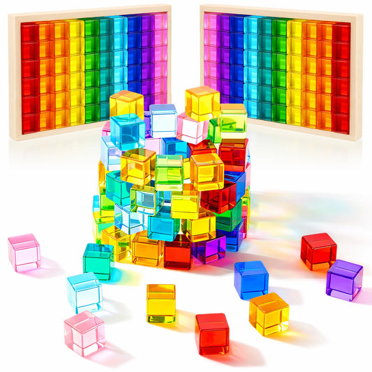 Meooeck 100 Pcs Colored Acrylic Gem Cube Blocks, Translucent Rainbow Building Stacking Cube Educational Sensory Train Toy with Wooden Storage Box for Toddler Kid Montessori School Classroom Supplies