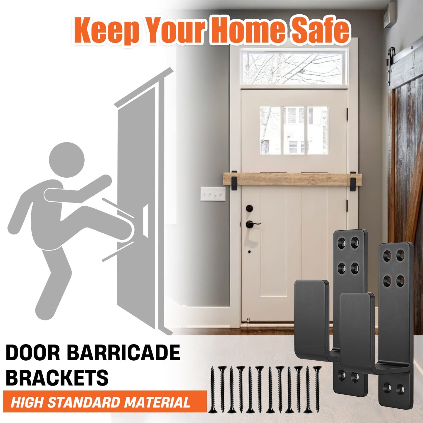 AMZFINE 2x4 Door Barricade Brackets Heavy Duty 2pcs Door Bar Holder Brackets for Home Security Black