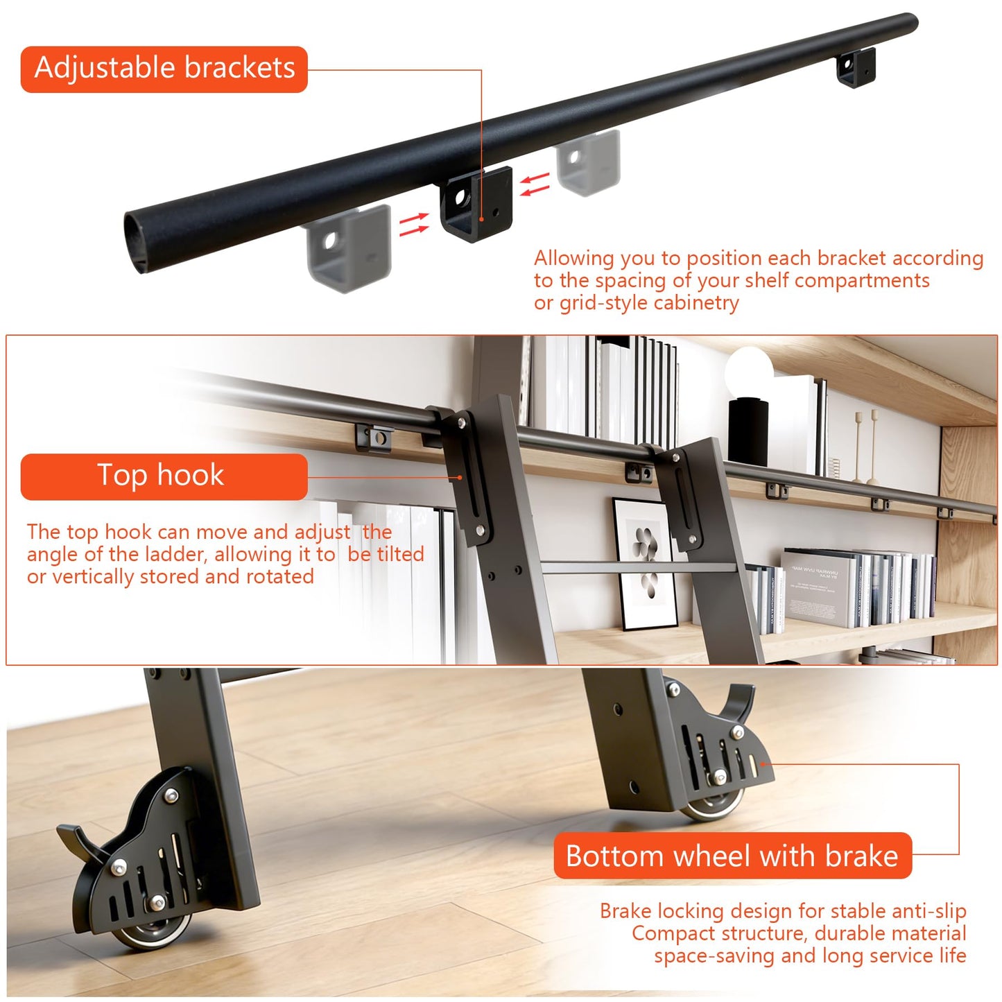 96" Sliding Library Ladder, Black +8FT Rolling Track Kit