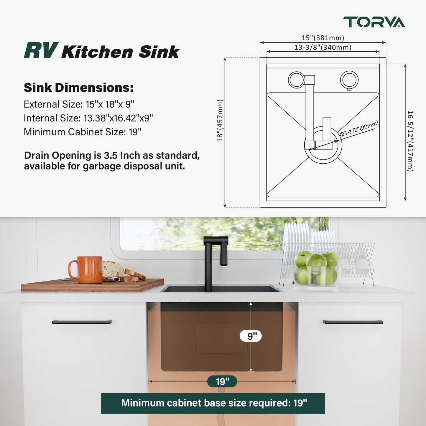 TORVA RV Kitchen Sink, 15 x 18 x 9 Inch Undermount Bar Sink 16 Gauge Stainless Steel Single Bowl Workstation Sink with Faucet Cutting Board, Dark Grey