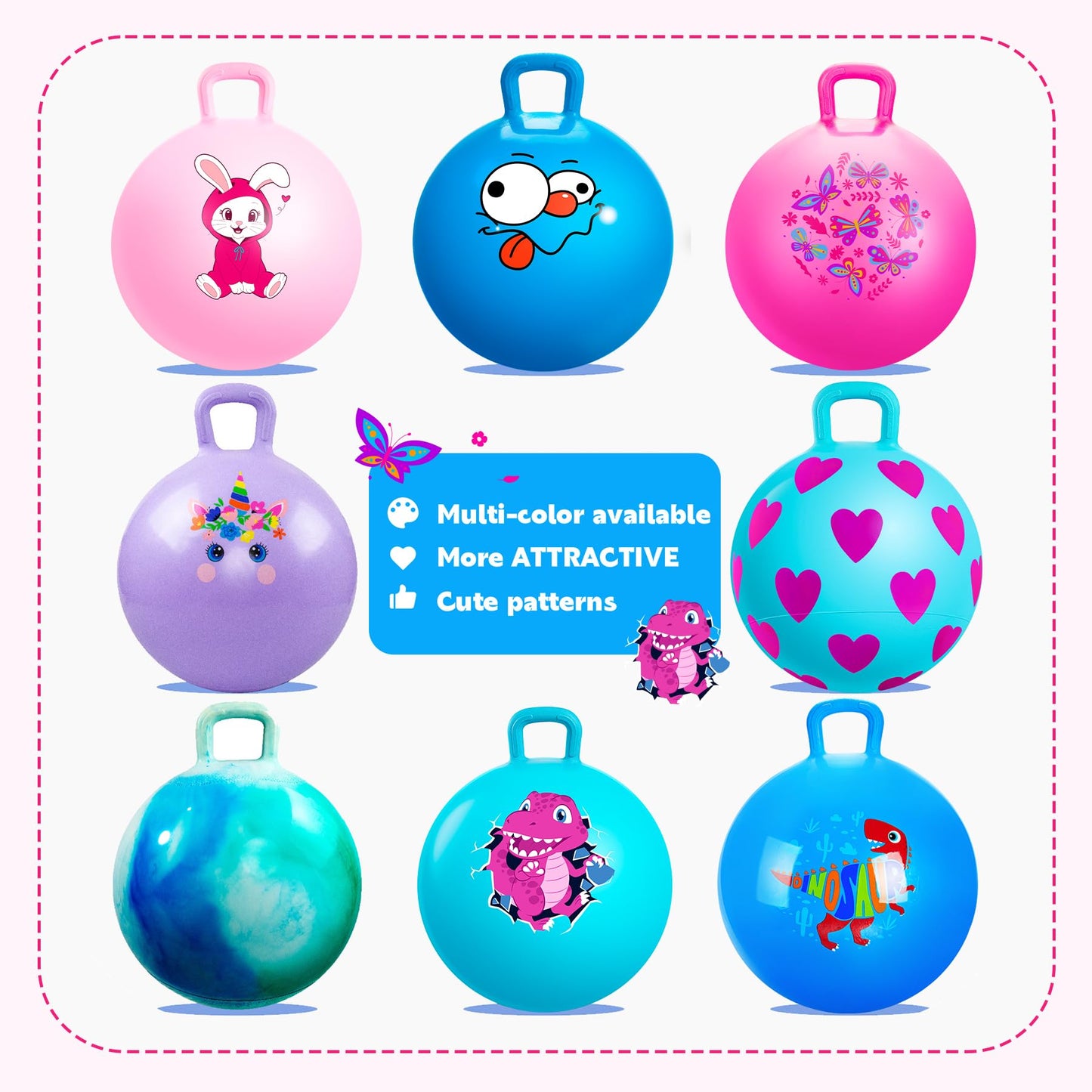EVERICH TOY Hopper Ball, Pink Bunny Hopping Toys for Kids, 18 Inch Bouncy Ball with Handle, Indoor Outdoor Inflatable Hoppity Hop Toys for Girls Boys Gift with Pump