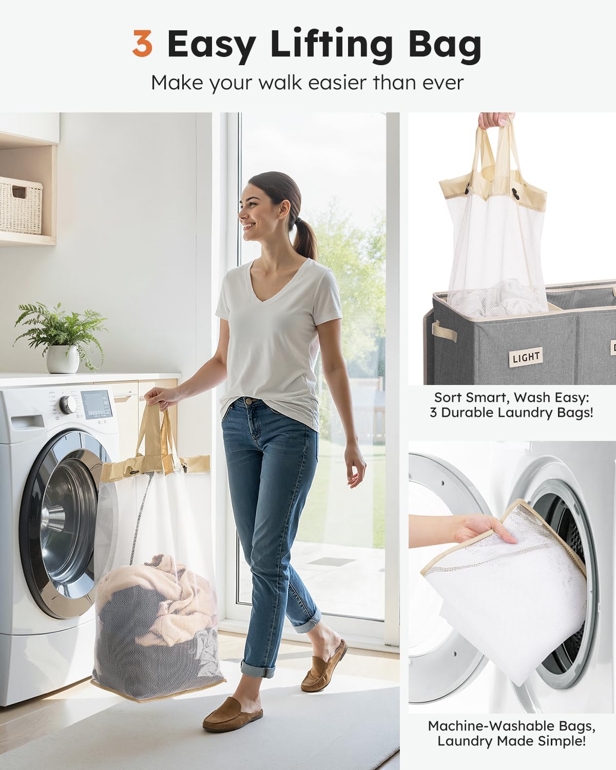 SOLEDI 200L 3-Section Laundry Hamper with Lid, Extra Large Dirty Clothes Basket with Sturdy Handles for Laundry Room & Bedroom - Durable Organizer for Sorting Laundry