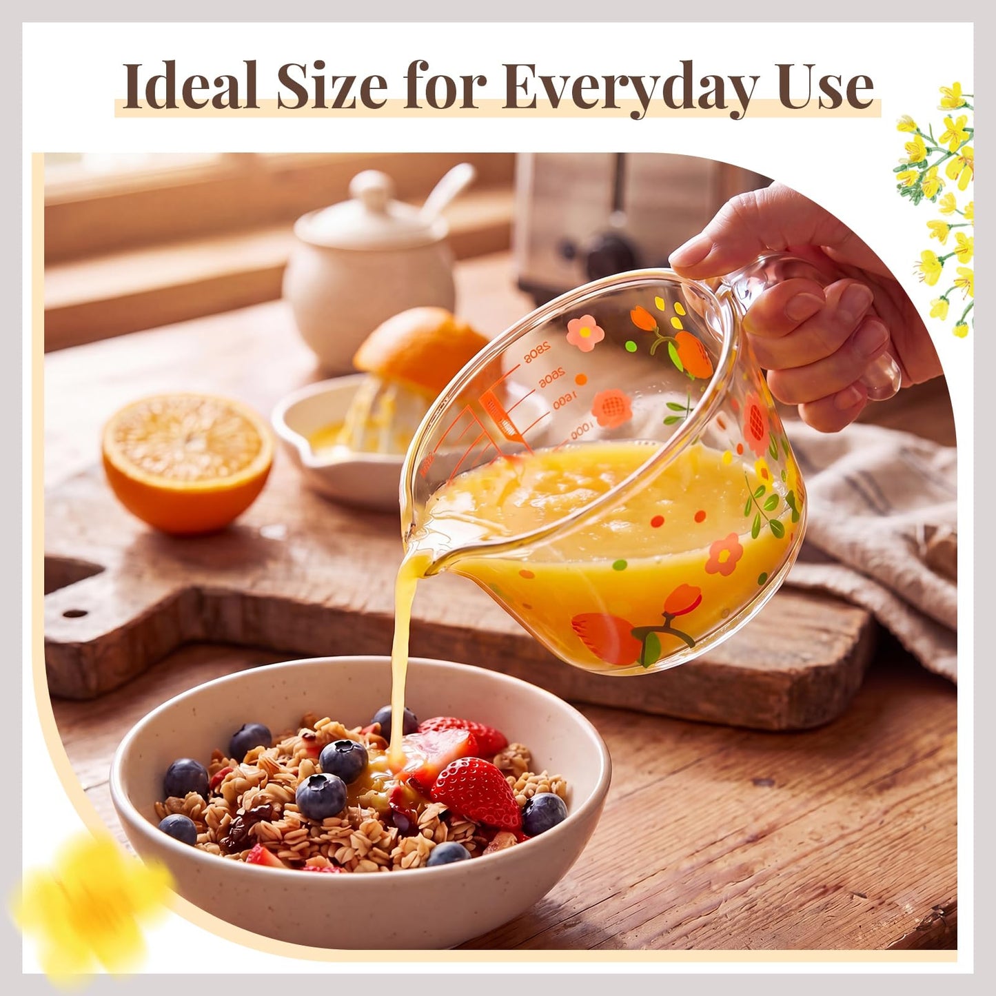 Domensi 17 OZ Floral Glass Measuring Cup with Handle and Pouring Spout Clear Milk Cup for Kitchen Baking, Heat Resistant Glass Pitcher for Coffee Tea Microwave Safe Milk Jug(Cute Floral)
