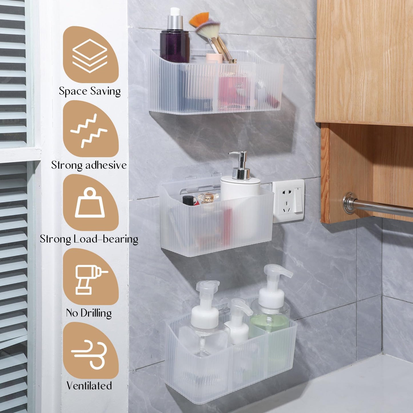 Baderke 6 Pcs Kitchen Cabinet Door Organizer Adhesive, Clear Wall Mounted Storage Bins, Organizer Basket Hanging Bin, Shower Caddy for Bathroom, Kitchen, Cabinet, Pantry