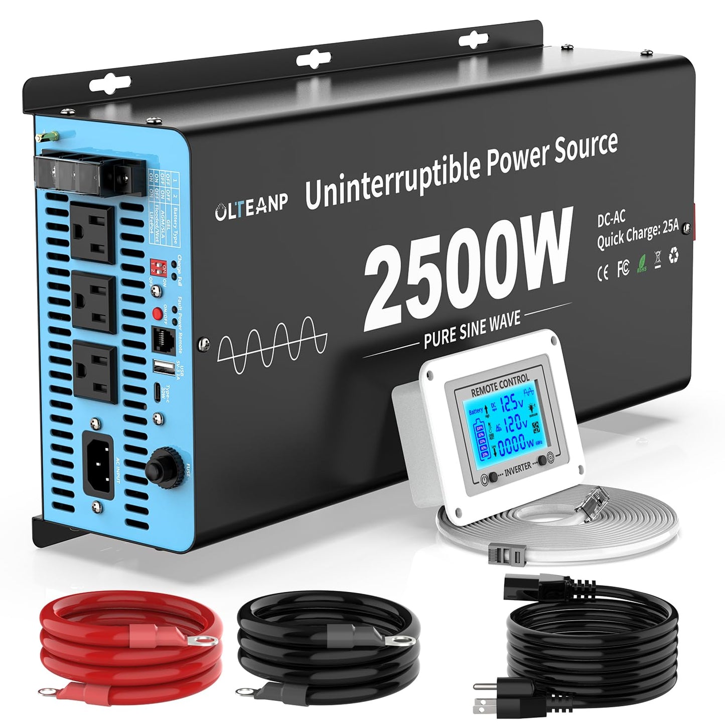 2500W Sump Pump Battery Backup System, Pure Sine Wave Inverter Charger with 25A Fast Charging, Auto Transfer Switch for Basement Flood Protection During Outages, LCD Remote, 12V Deep Cycle Compatible