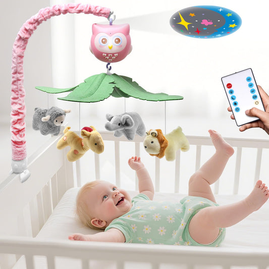 SUMWE Baby Crib Mobile with Music and Lights for Boys Musical Mobile Animals for Crib Bassinet Girls Toys Hanging Portable Safari Nursery Decor Pink