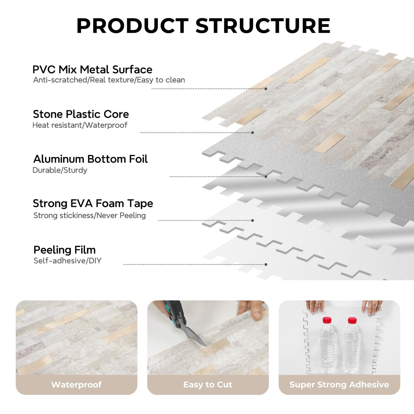 STICKGOO Peel and Stick Backsplash, PVC Wall Tiles Stick on Backsplash for Kitchen(10 Sheets, Beige with Metal Gold)