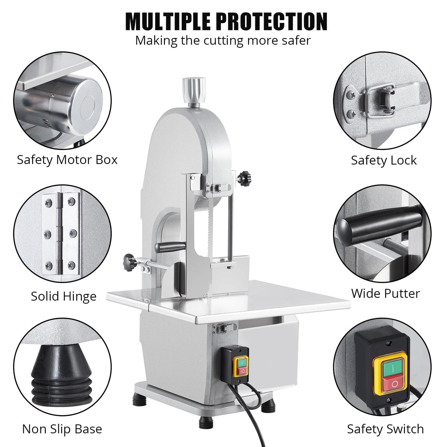 1100W Commercial Electric Bone Saw Machine, Frozen Meat & Bone Cutter with 5 Saw Blades, Adjustable 0.16-7.09 Inch Thickness, 19.3"x15" Stainless Work Table for Butcher Shops, Restaurants, Supermarket