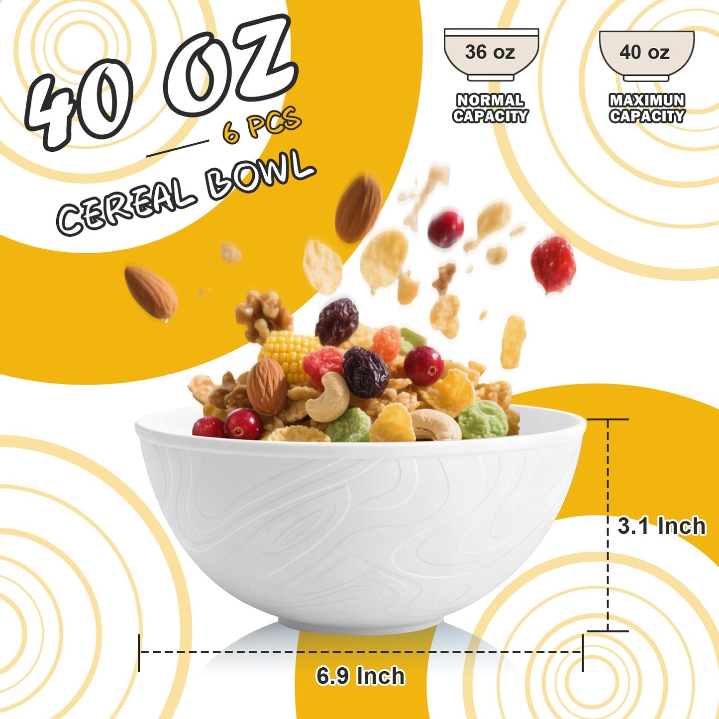 Perlapoc Wheat Straw Cereal Bowls 40 OZ, Unbreakable Bowls Set of 6, Microwave & Dishwasher Safe Bowl for Kitchen, Reusable Plastic Bowl for Cereal, Soup, Salad and Ramen, White