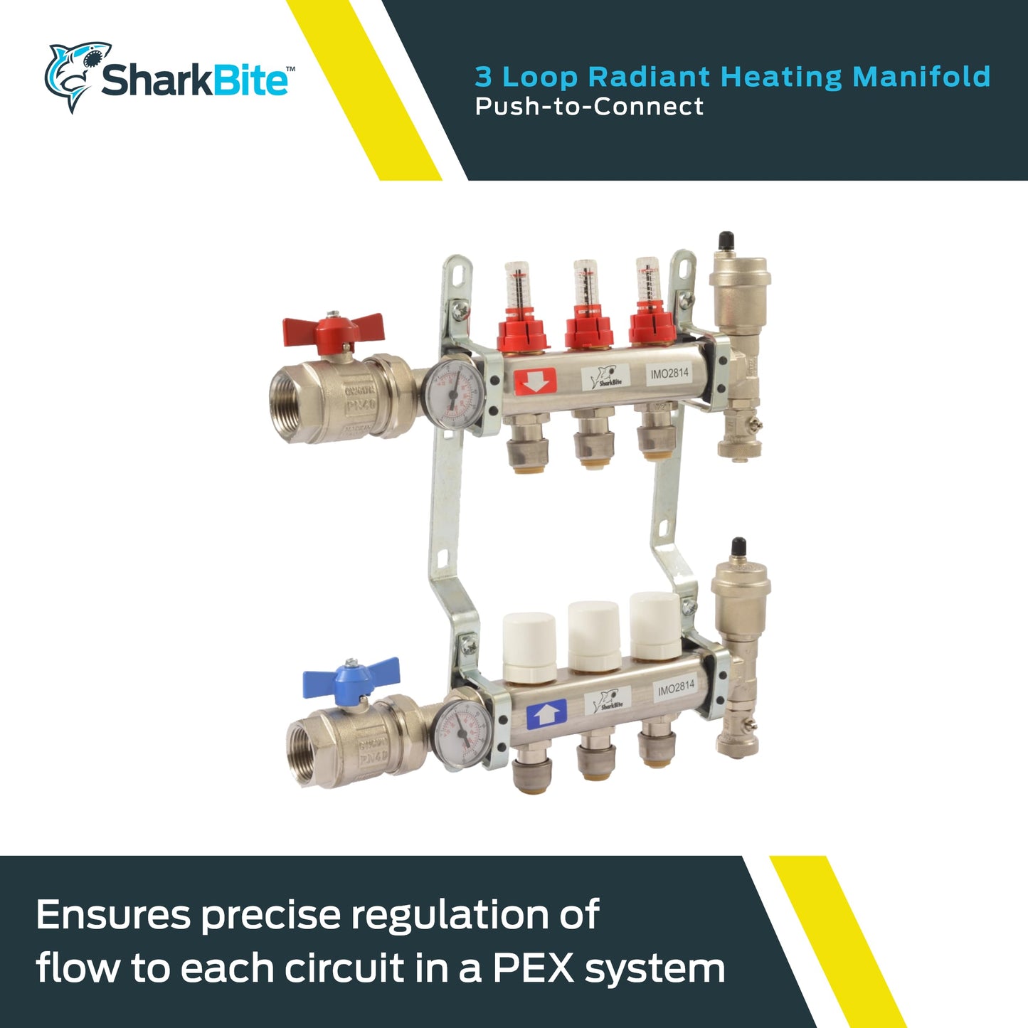 SharkBite 3 Loop Radiant Heating Manifold, Push to Connect Brass Plumbing Fitting, PEX Pipe, PE-RT, 24930