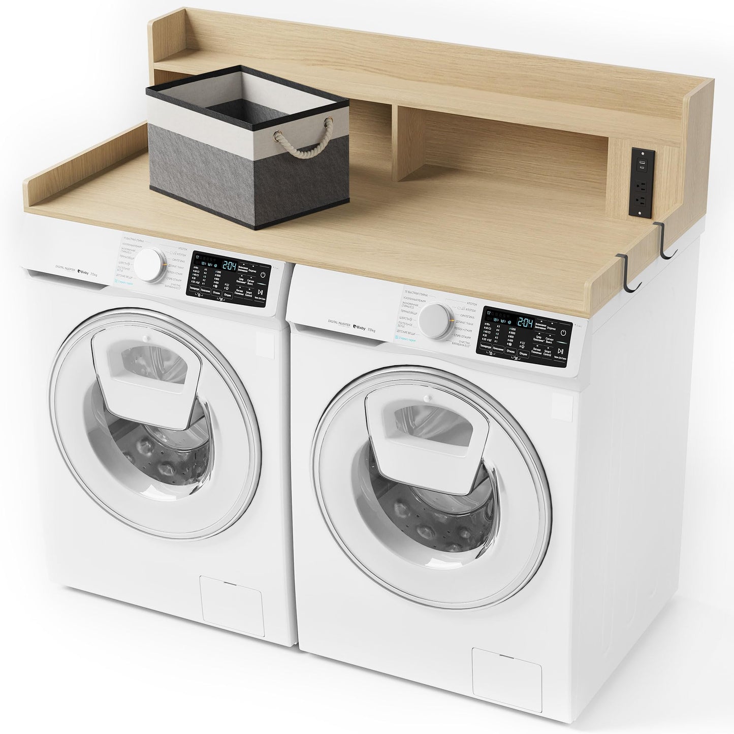 ZYKZYK Upgraded 2-Tier Washer and Dryer Countertop with Power Outlet,54" W x 27.6" D Large Laundry Countertop for Fold Clothes, Laundry Topper with Non-Slip Pads & Metal Hooks and Storage Basket