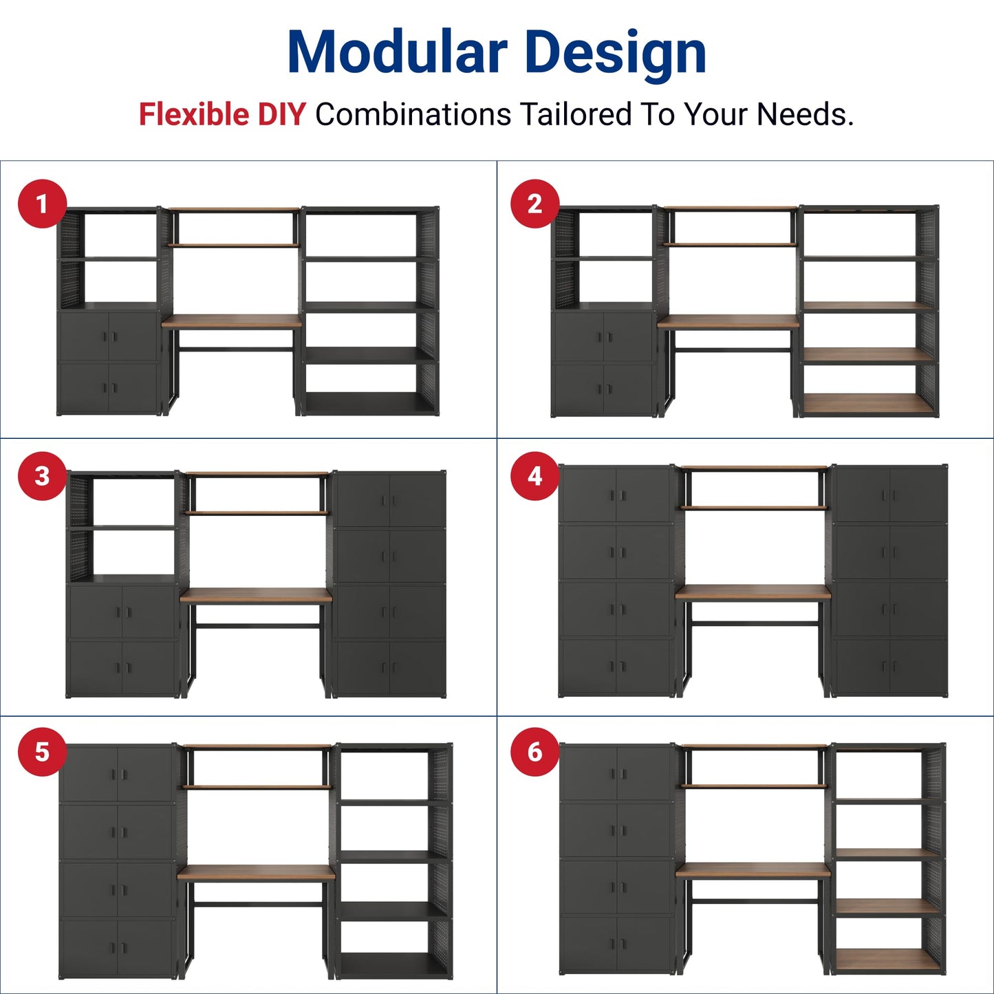 FLEXIMOUNTS Garage Storage Cabinet System, 3-in-1 Modular System with Integrated Workbench, Cabinets & Pegboard, 24-Gauge Steel, 117" L, 6-Door Cabinet for Garage Workshop, Black, FLEXIMOD Series