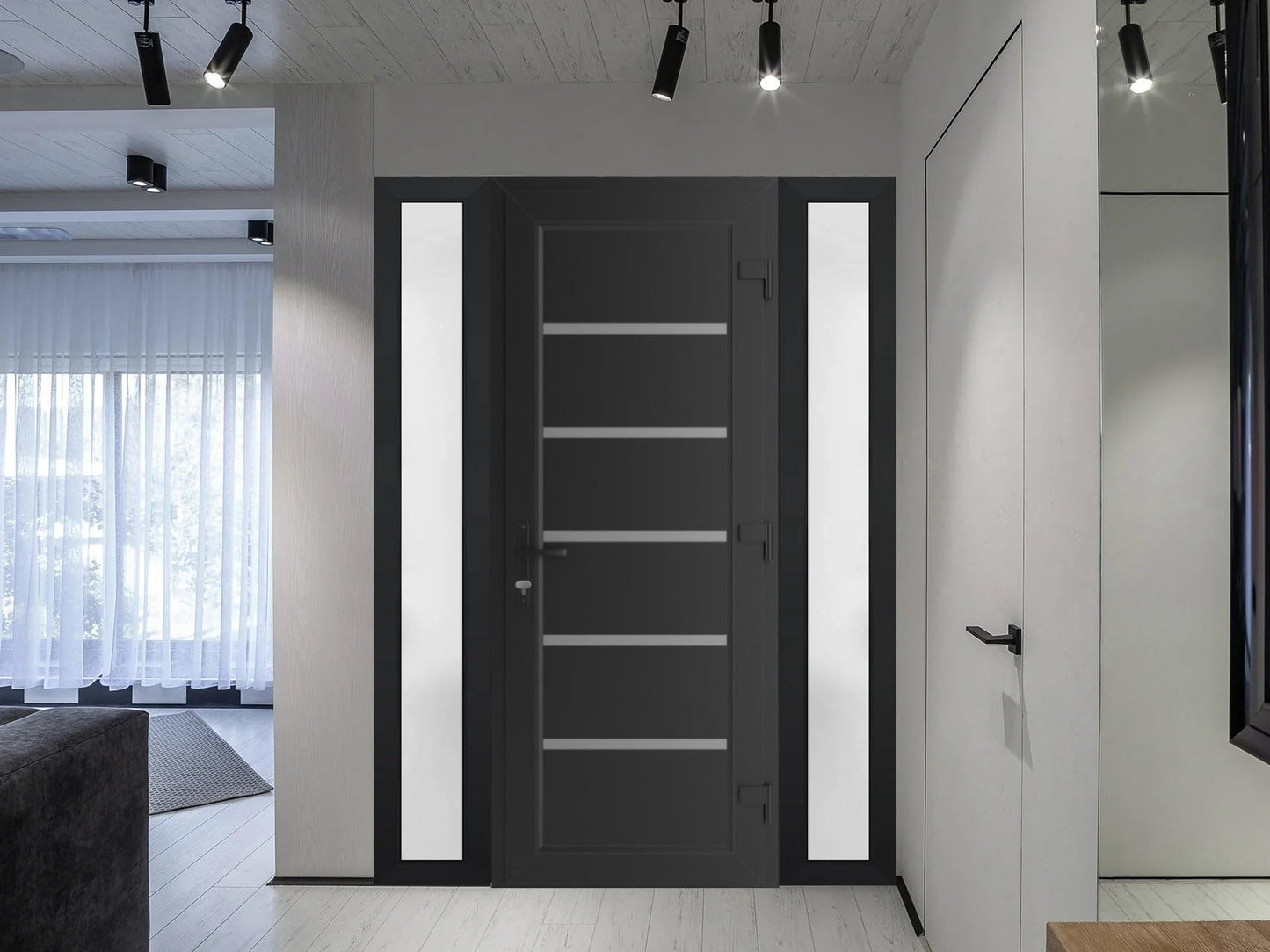 VDOMDOORS Front Exterior Prehung Metal-Plastic Door | Manux 8415 Matte Black | 2 Side Sidelite Transoms | Residential Doors Entrance Patio Garage 60 x 80 (W12+36+12 x H80) Right-Inswing