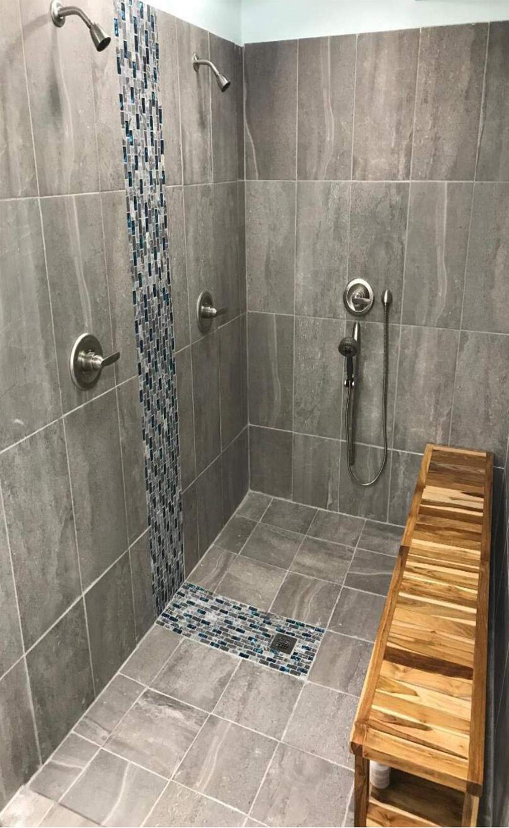 Blujellyfish Gray Marble Tile for Kitchen Backsplash 12 in. x 12 in. x 8 mm Teal Blue Glass Mosaic Bathroom Shower Wall Linear Tiles (Pack of 5 Sheets)