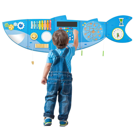 Shark Activity Wall Busy Board Panels,Busy Board for Toddlers Montessori Sensory Toys Wall Mount Wooden Learning Toy Ideal Furniture for Playroom & Children's Daycare