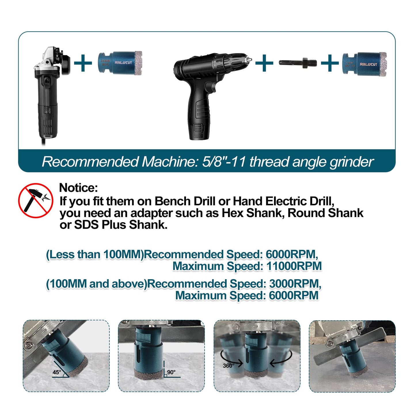 FACHLICH MINLAYCUT Diamond Core Drill Bits Set - 10pcs Tile Hole Saw Kit 6/8/10/25/35/50/65mm with 2" Diamond Beveling Chamfer Bits for Porcelain Ceramic Tile Granite Marble