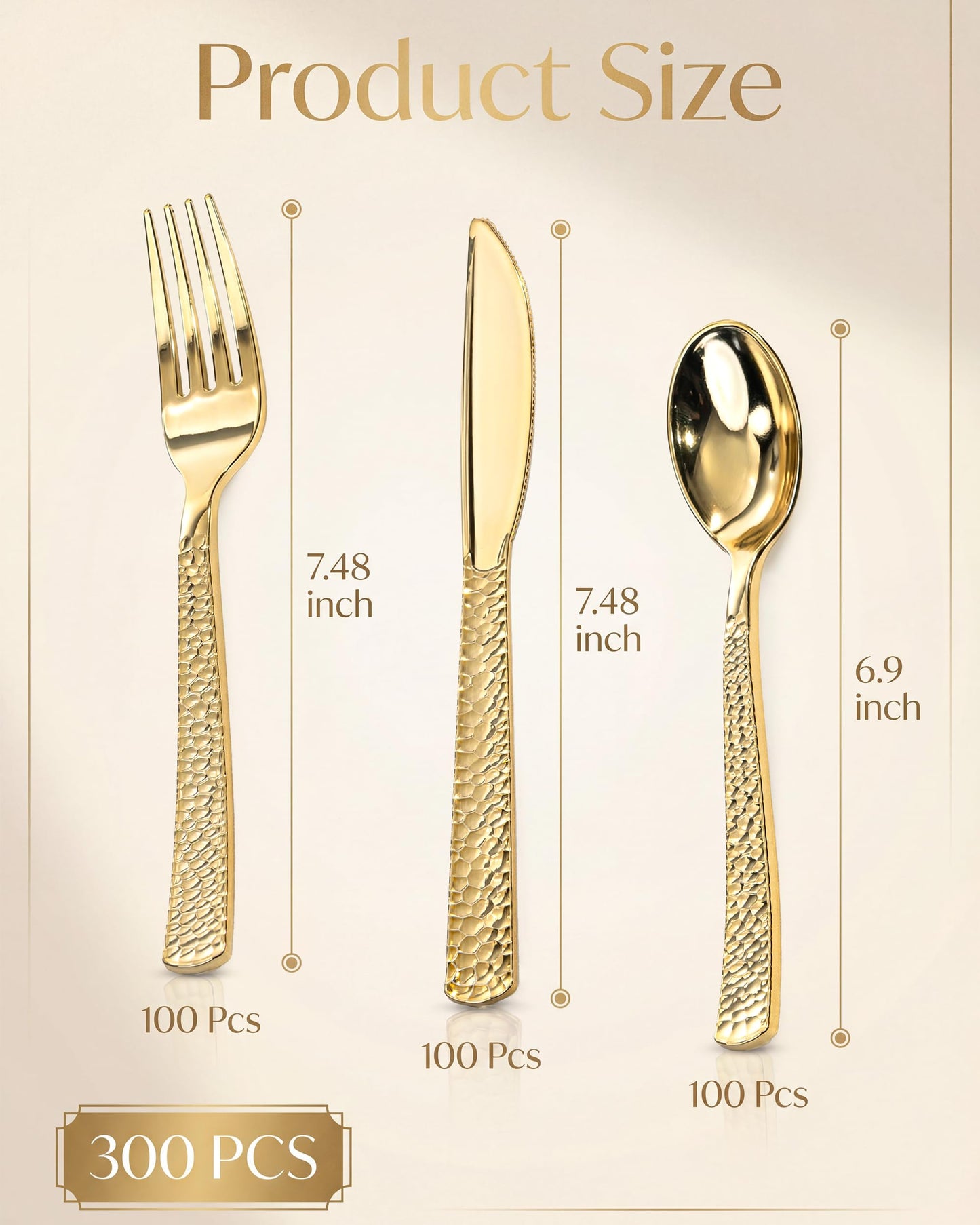 Nervure 300PCS Gold Hammered Plastic Silverware - Heavy Duty Plastic Cutlery - Gold Disposable Utensils Includes 100 Forks, 100 Knives, 100 Spoons Perfect for Wedding & Party