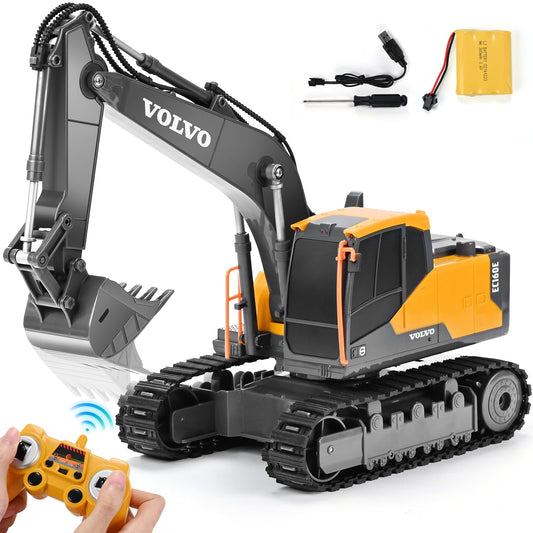 Double E Volvo Remote Control Excavator Toy, RC Construction Vehicles with 360° Spin & 330° Cab Rotation, Dig & Unload, 2.4GHz Anti-Interference for Multi-Player, Outdoor Sandbox Digger Gift for Kids