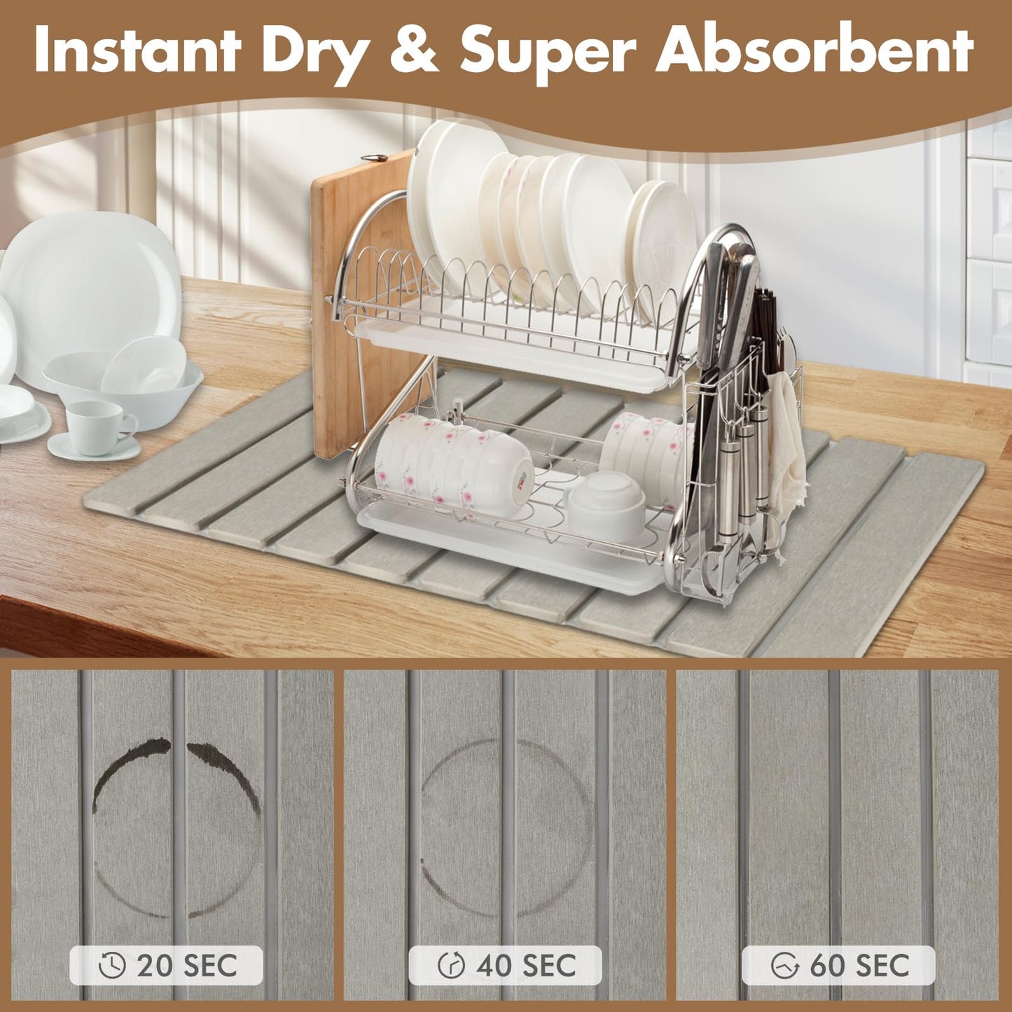 Large Stone Dish Drying Mat for Kitchen Counter, Eco-friendly, Instant Drying Pad,Diatomaceous Earth Water Absorbing Mat, Foldable and Super Absorbent Dish Drying Stone Mat, 24"×16", Warm Gray