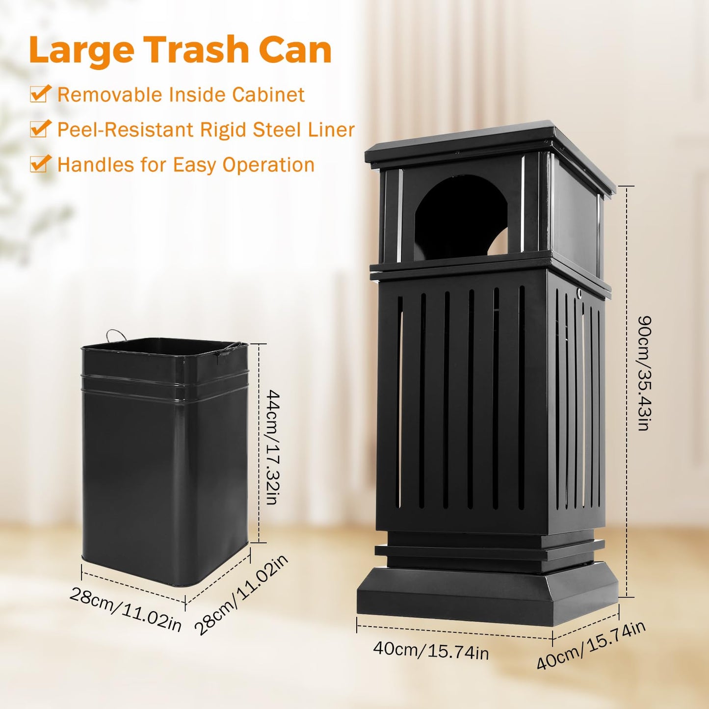 BEAMNOVA 15.8 * 15.8 * 35.5 in Black + 14.6 * 32.7 in Metallic Trash Can Stainless Steel Commercial Garbage Enclosure with Lid