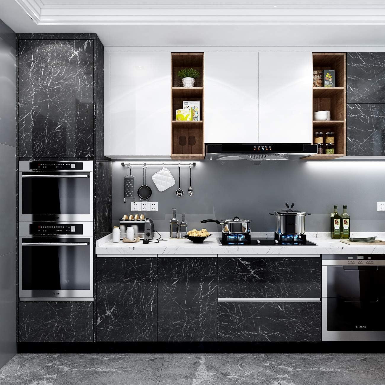 YENHOME 17.7"X200" Black Marble Contact Paper for Countertops Waterproof Self Adhesive Black Marble Wallpaper Peel and Stick Kitchen Countertops Wallpaper Decorative Contact Paper for Desk Cabinet