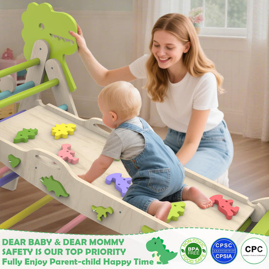 Jasite Pikler Triangle Set with Cushion, 12 in 1 Toddler Montessori Toys Indoor Baby Climbing Gym Pikler Triangle Climbing Set Wooden Toy Climbing Rope Ladder, Shape Sorter, Push Car 【Dinosaur Toys】
