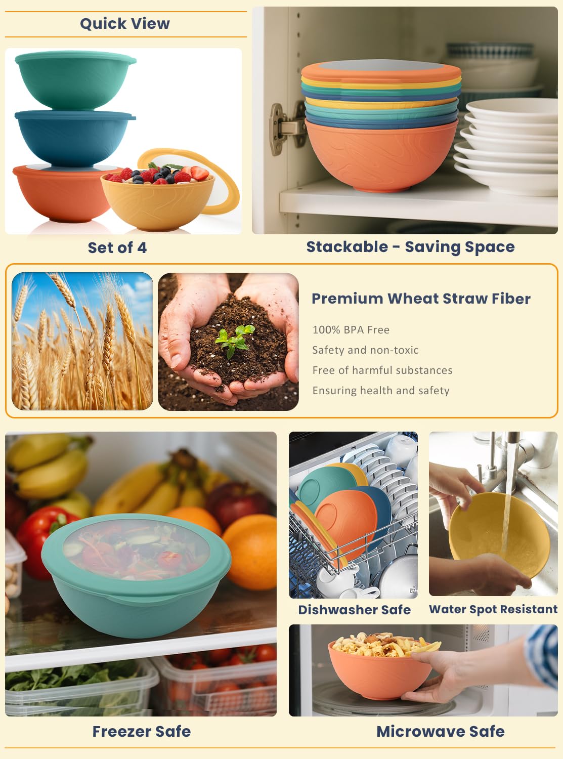 Homienly Wheat Straw Bowls with Lids Salad Bowl 40 OZ Unbreakable Cereal Bowls for Kitchen, RV, Lunch Microwave Safe Camping Bowls Dishwasher Safe Soup Bowls Reusable Food Storage Bowls Multi, 4 Sets