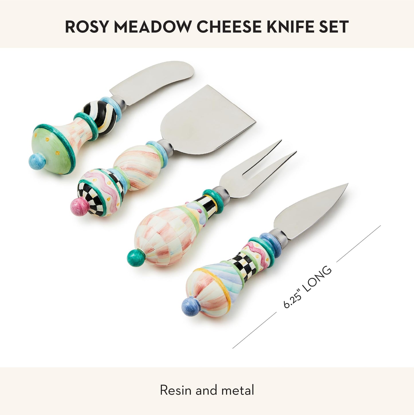 MACKENZIE-CHILDS Set of 4 Cheese Spreader Set, Stainless-Steel Butter Spreaders, Rosy Meadow