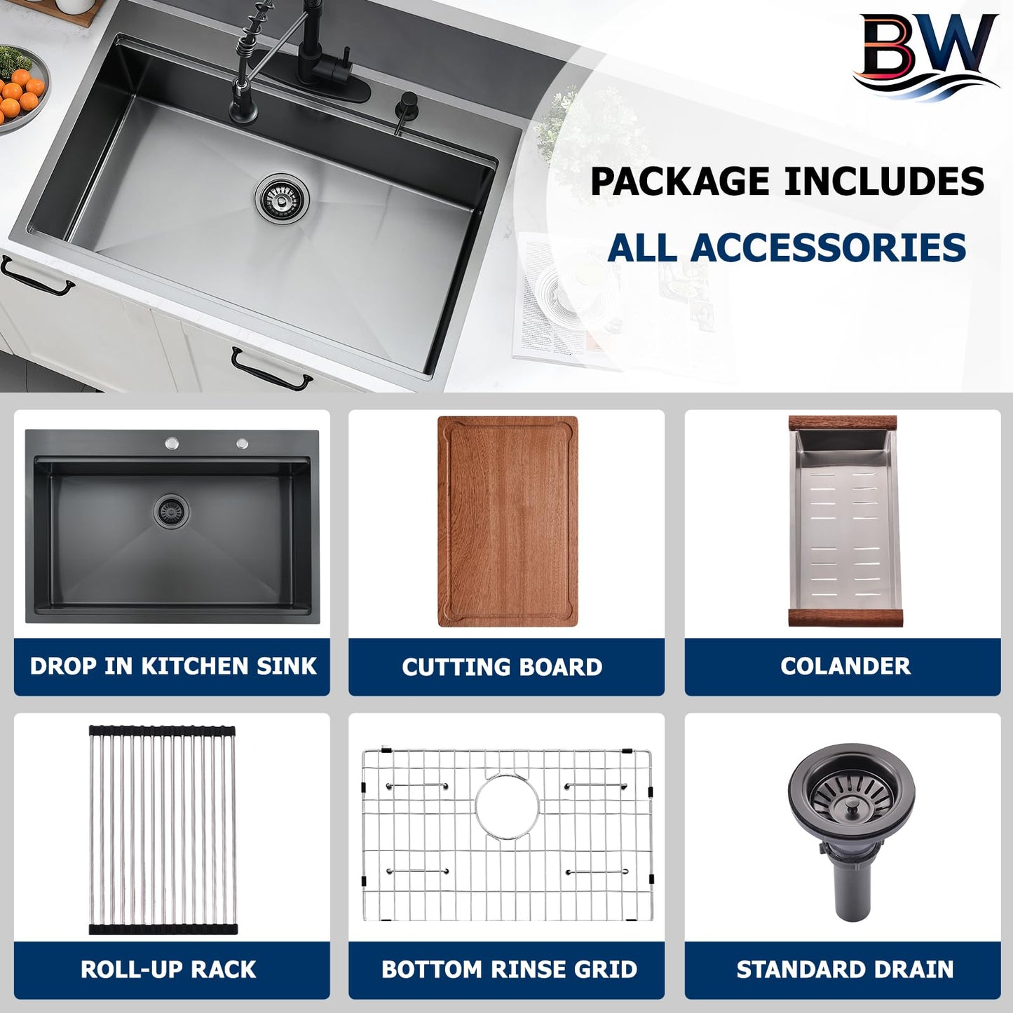 BWXIAOC 33 x 22 Drop In Kitchen Sink Black Workstation - 16 Gauge Stainless Steel Sinks Handmade 10 Inch Deep Single Bowl Kitchen Sink Top Mount Easy to Clean