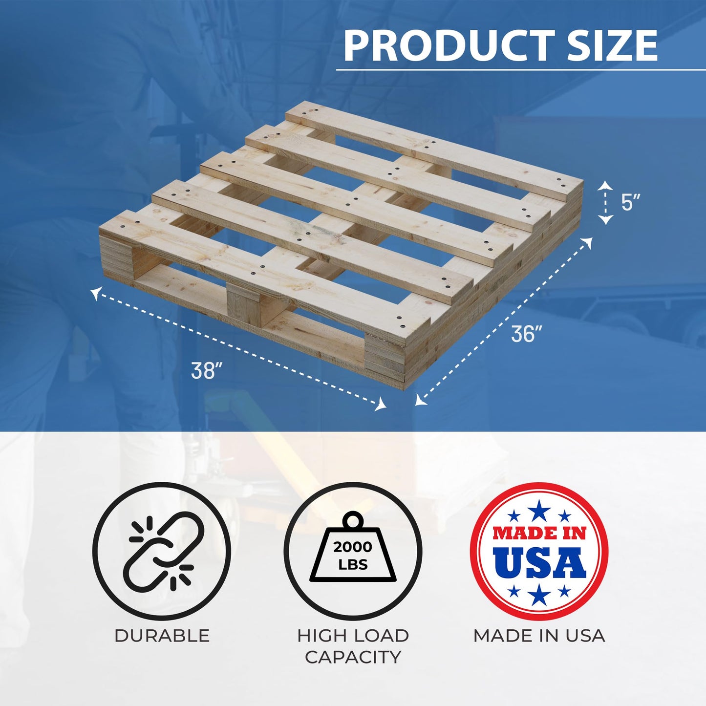 Treaton, Heavy-Duty 2-Way Entry Wooden Pallet – 38x36x5”, Industrial-Grade Hardwood Shipping Palet, Durable, Reusable, Stackable, Easy to Handle, Commercial Use as a Floor-Pallet, 2 Pack