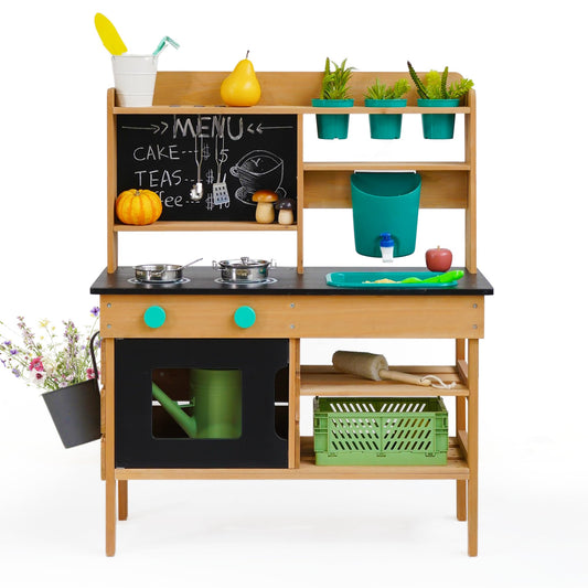 Mud Kitchen for Kids Outdoor, Wooden Play Kitchen with Real Working Faucet & Water Tank, Sensory Montessori Kitchen Playset with Sink, Chalkboard, Pots & Pans for Toddlers & Kids Ages 3+