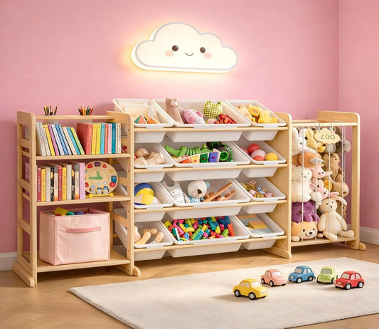 Yazzropt 65" Large Toy Storage Organizer with Bins Shelves & Stuffed Animal Storage for Kids Wood Toddler Playroom Organization with Bookshelf Toys Box Wooden Organizers for Kids Room Nursery Bedroom