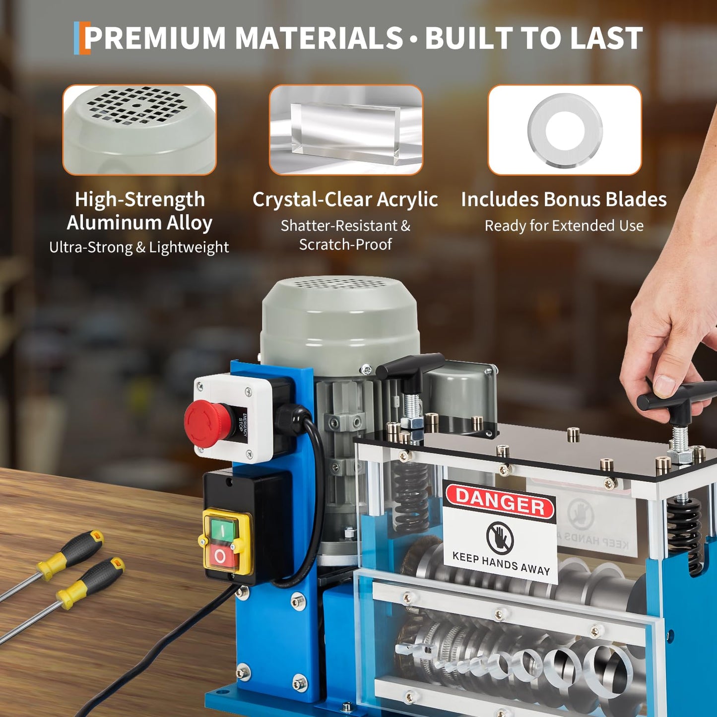 Wire Stripper Machine, 0.06" - 1.5" Automatic Wire Stripper，75 Feet/Minute, 370w 11 Channels 10 Blades with Manual Hand Cranked Industrial for Recycling Copper