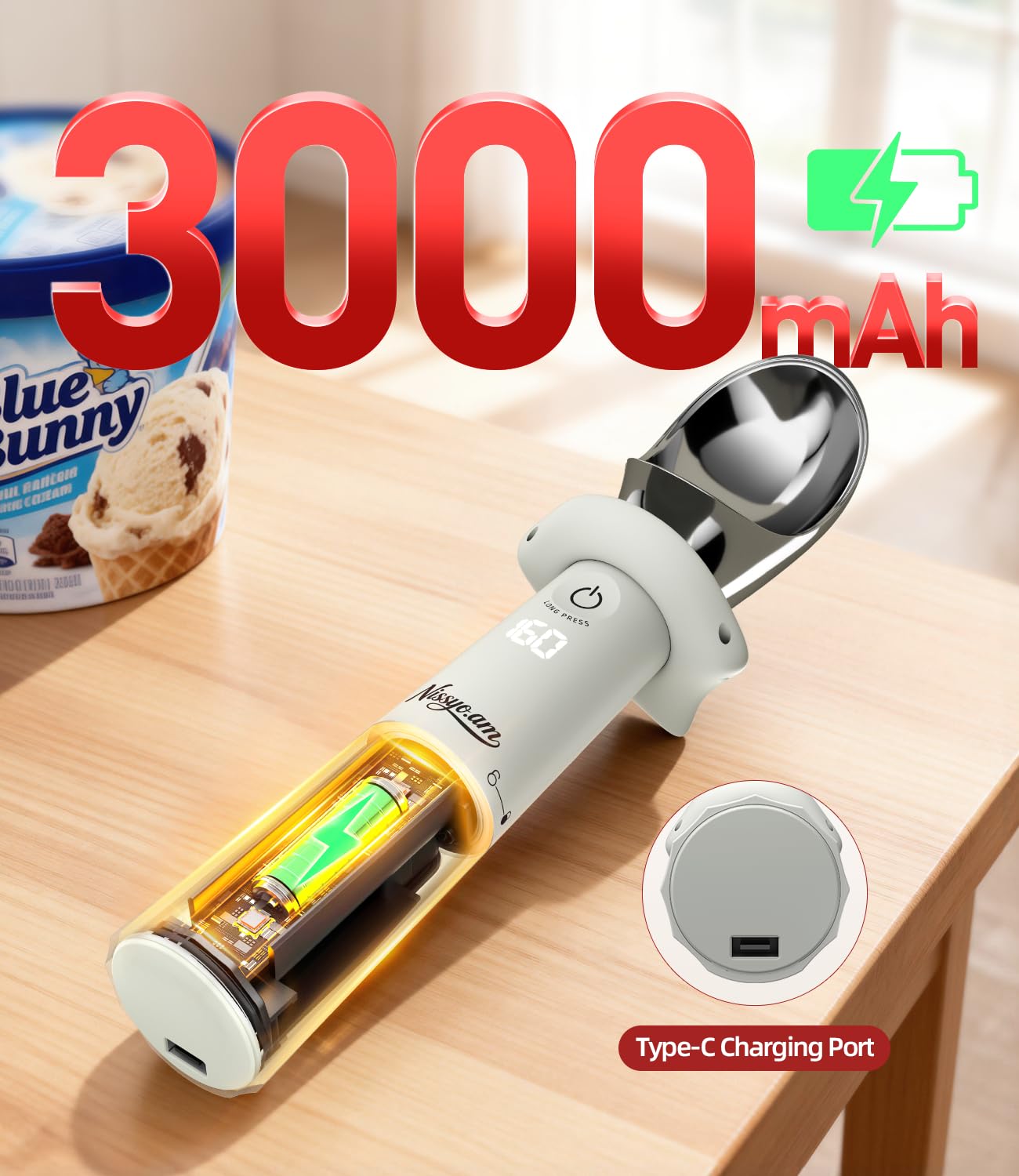 NISSYO.AM Heated Ice Cream Scoop Rechargeable, Electric Ice Cream Scooper with Removable Battery &Drip-Proof Stand, OneTouch 3 Fast Heating Levels for Hard Ice Cream, IP68 Waterproof,Best Gift for Mom