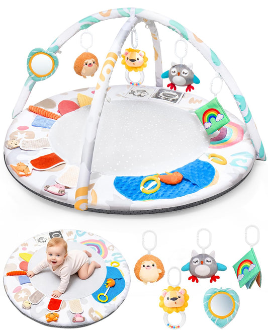 Montessori Baby Play Gym & Activity Mat for Brain Development (0-12Mo) | 5-Sensory Zones + 5 Toys |Portability Tummy Time Activity Mat Stage-Based for Newborn Brain Development Essential & Gift-Ready