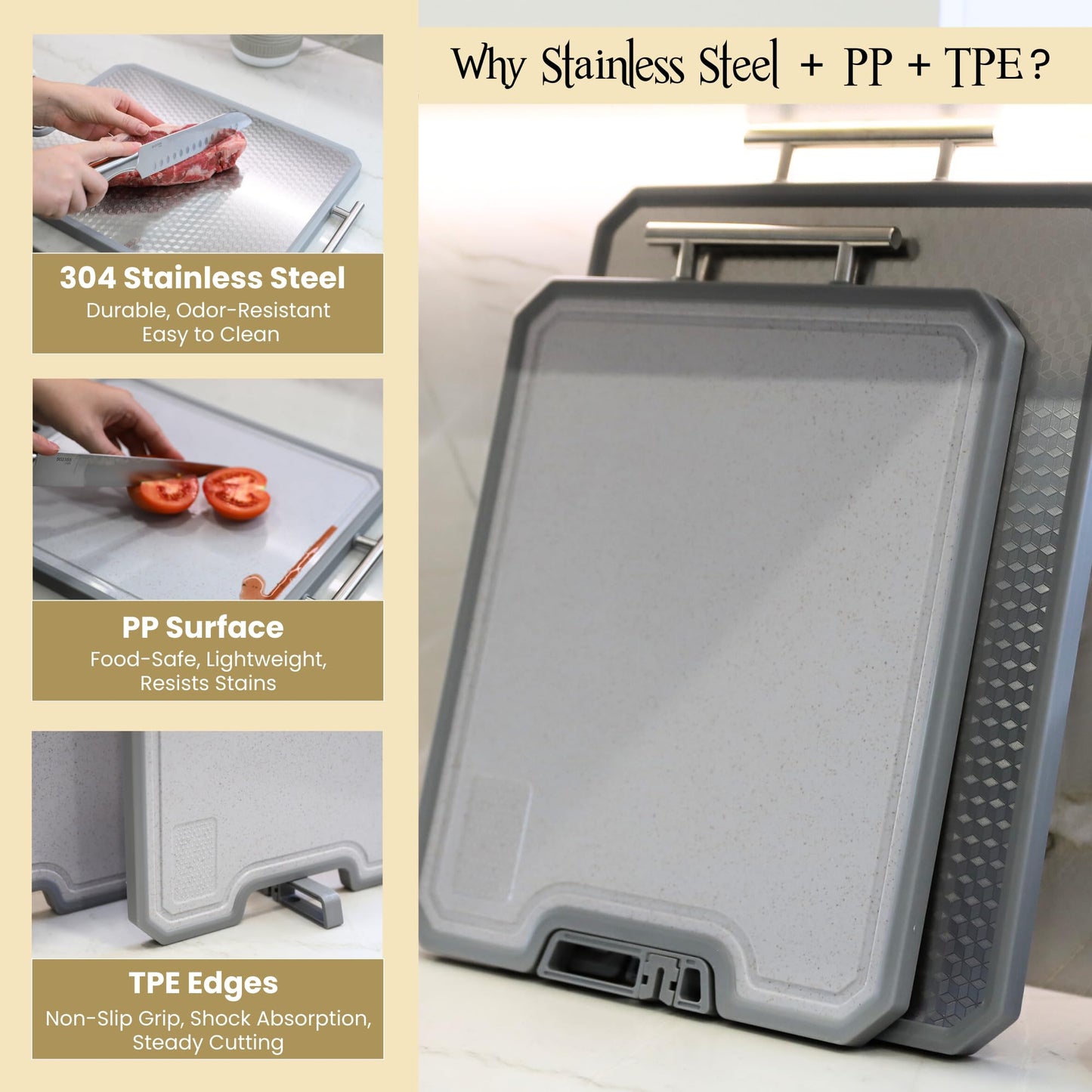 MUGAA Stainless Steel Cutting Board, Double-Sided 304 Stainless Steel & PP, Built-In Knife Sharpener, Non-Slip Juice Groove, Dishwasher Safe Steel Cutting Boards For Kitchen, Medium (15.6" x 12")
