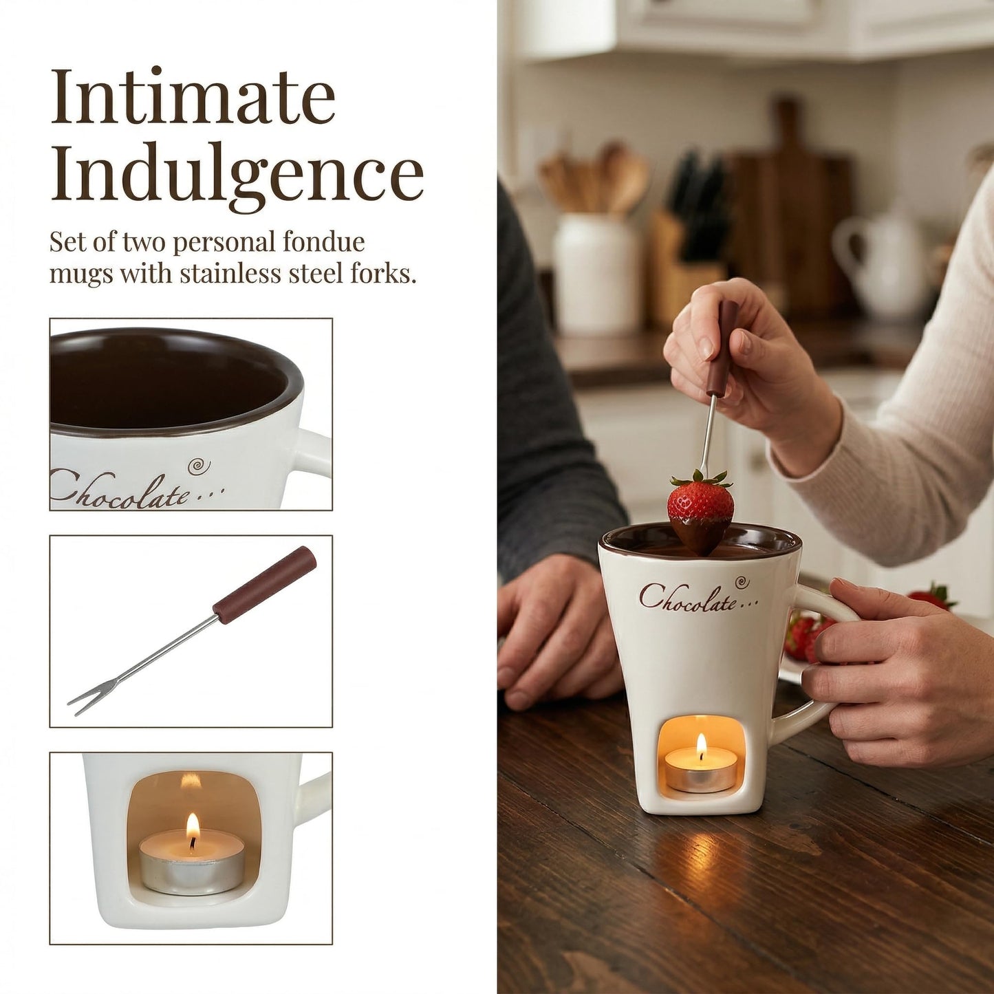 DECHOUS 2 Pack Fondue Mugs, Ceramic Chocolate Melting Cups with 2 Forks, Personal Fondue Mugs Set for Chocolate, Cheese, Butter, Ideal for Date Night, Birthday, Parties, Wedding Gift