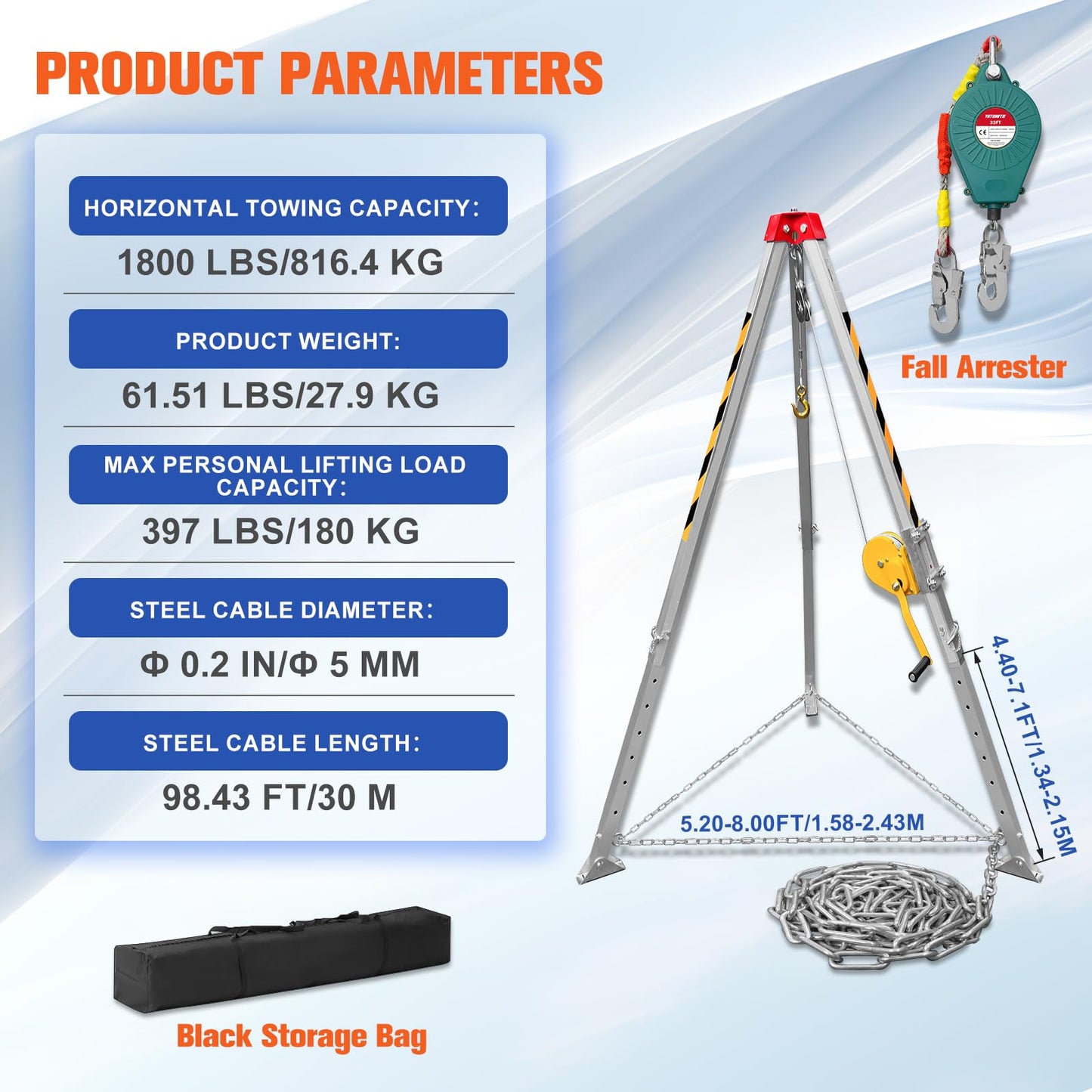 Confined Space Tripod Kit, 1800 lbs Winch with 98' Cable, Confined Space Rescue Tripod with 4.4' to 7' Adjustable Legs, Portable Tripod Kit with 32.8' Protection, Rescue Tripod Lifting Hoist