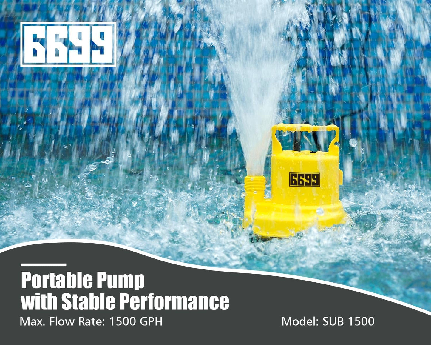 6699 Submersible Sump Pump 1/4 HP 1500GPH Utility Pump Thermoplastic Electric Portable Transfer Water Pump with 10-Foot Cord for Pool Tub Garden Pond Draining Tankless Heater Flushing