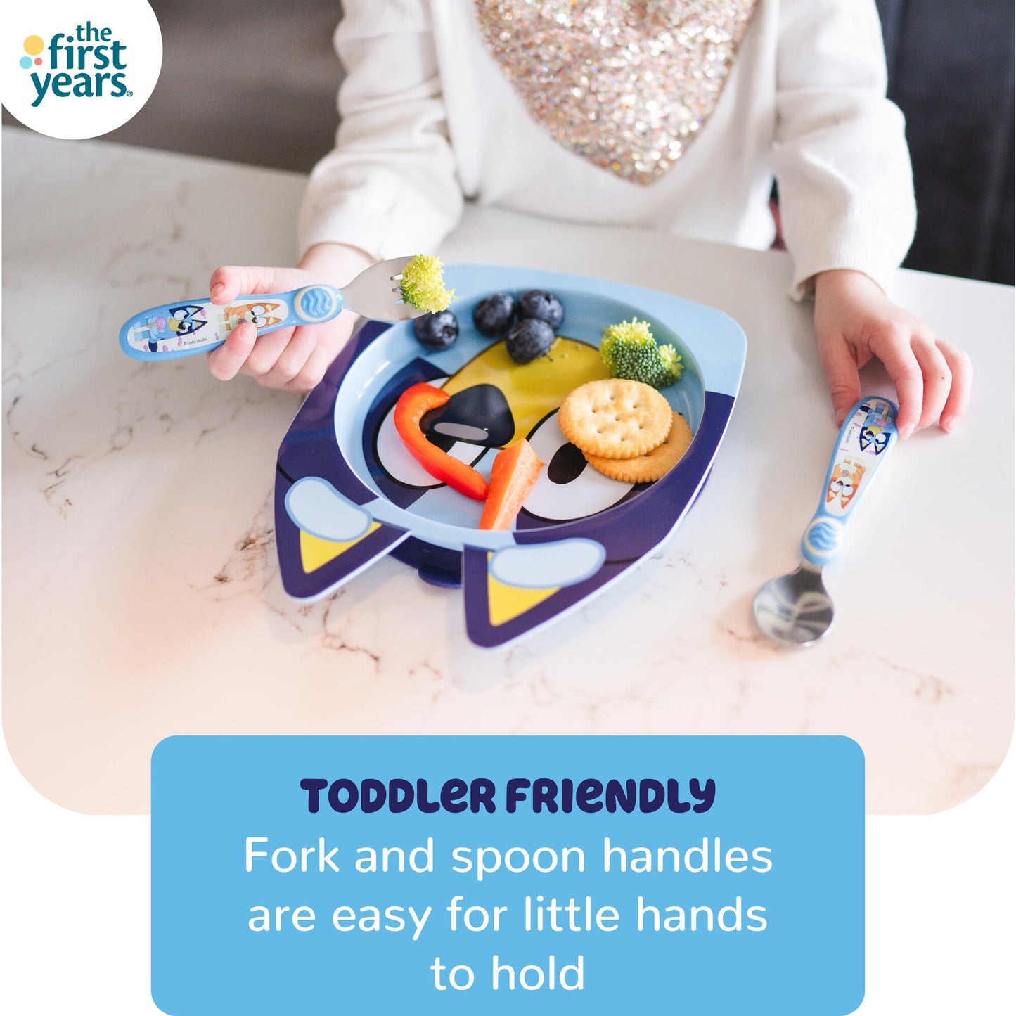 The First Years Bluey Kids Dinnerware Set - Includes Bluey Suction Plate, Bingo Suction Bowl, and Stainless Steel Toddler Silverware - Toddler and Baby Feeding Essentials - 4 Count