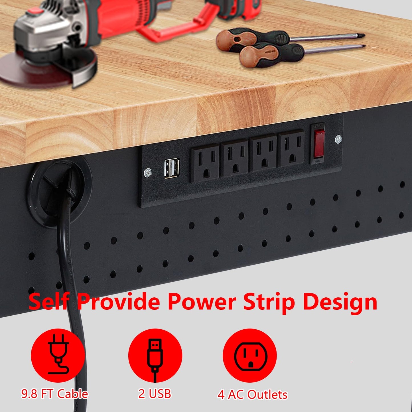 60''x22'' Heavy Duty Adjustable Workbench with Charging Station & Lockable Wheels, 2000 Lbs Capacity Rolling Workbench, Moblie Work Table for Garage Workshop DIY, Black