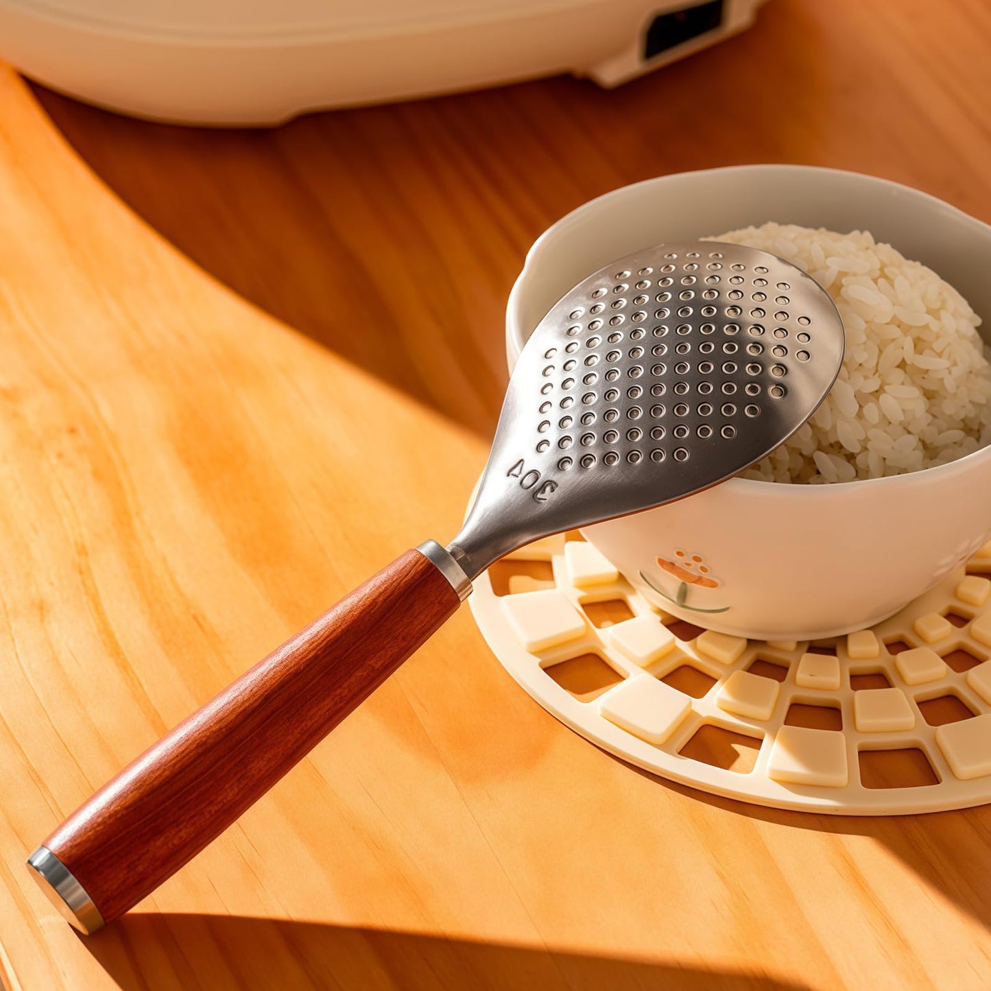 Stainless Steel Rice Paddle with Rosewood Handle, Stand Up Design, Non Stick Head