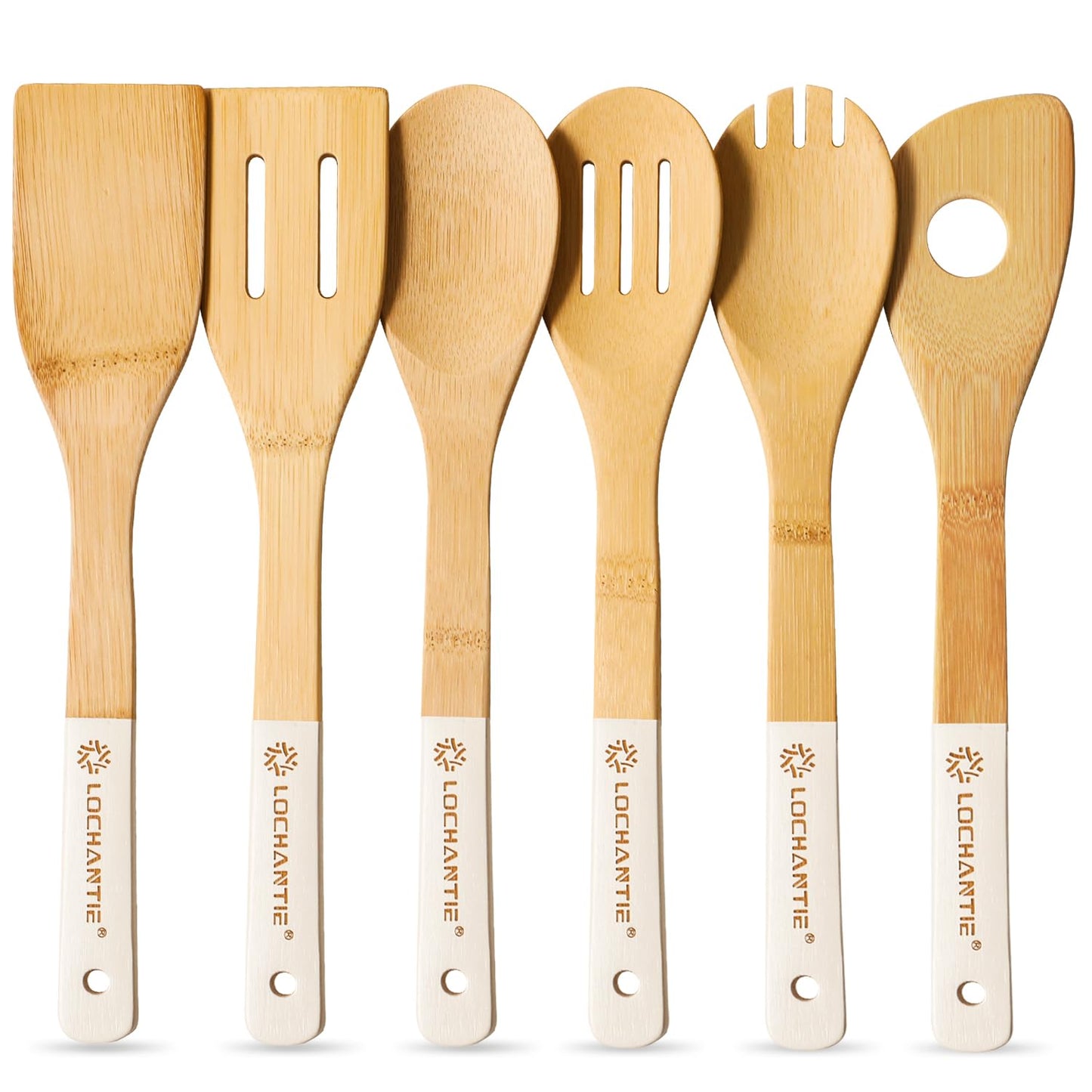 Wooden Spoons for Cooking Bamboo Utensils Set (6 Pieces) - Essential Tools Wooden Spatula & Spoons for Everyday Stirring, Mixing, Flipping & Serving, Gentle on Nonstick Cookware, White