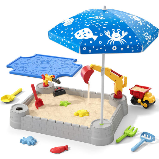 HYES Sandbox with Lid, Digger Excavator Plastic Sand Box with Cover, Play Sand Pit with Construction Toys/Umbrella/Beach Playset for Toddlers 1-3, Indoor Outdoor Sensory Gift for Kids Ages 4-8