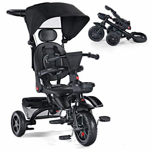 TODEFULL Folding Kids' Tricycle, 8 IN1 Baby Trike W/Removable Canpoy&Parental Push Rod, Toddler Bike Stroller for Kids 1-5 Years, 360° Swivel Seat, EVA Wheels，Storage Basket, Black