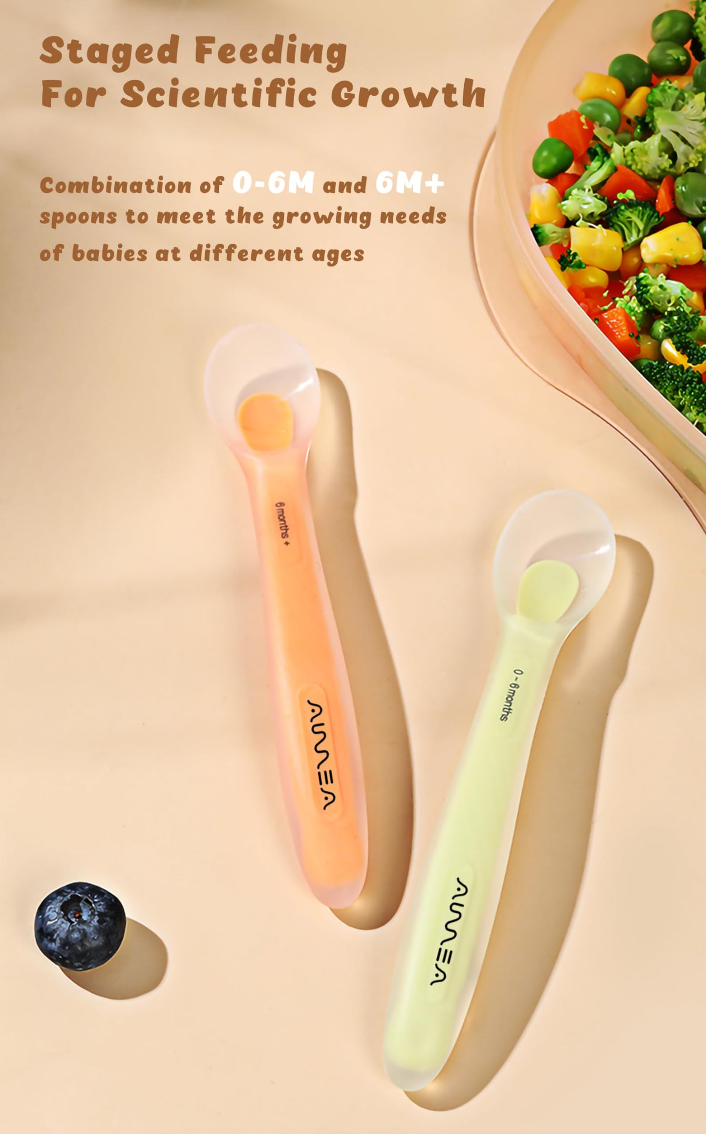 Aurrea Baby Spoons 2-Pack | Soft Silicone First Stage Feeding Spoon Set with Travel Case | Stage-Based Design for 0-6m & 6m+ | BPA-Free, Gum-Friendly for Infant & Toddler | Lime + Peach