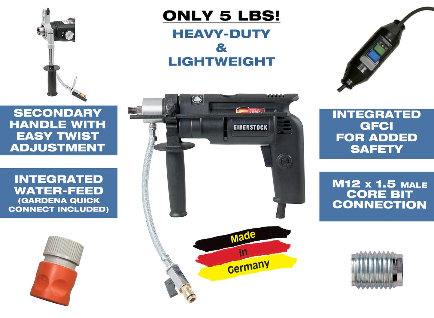 C.S. Unitec END 712-3/4 in. Capacity Concrete Core Drill - Wet Diamond Core Drill - Variable-Speed for Concrete, Brick, Stone, Ceramic, Porcelain, Stoneware and Glass - Made in Germany - 110V