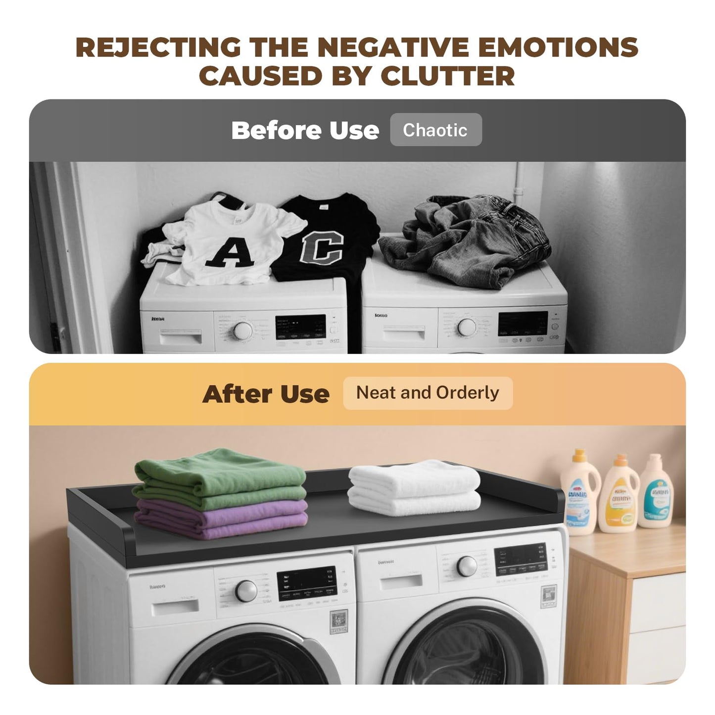 FAHKNS Washer Dryer Countertop - 54" Wood Laundry Washer Dryer Topper with Anti-Slip Mat, Waterproof Laundry Room Organization, Elegant & Space-Saving, Black